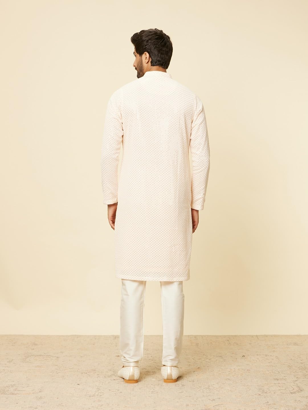 Manyavar Mens Peach Georgette Embroidered Kurta Pyjama Set