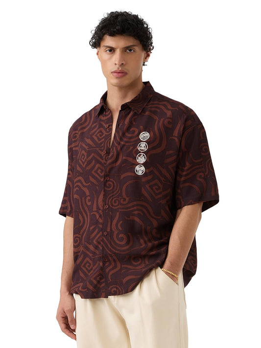 The Souled Store Avatar: Elements Men and Boys Short Sleeves Collared Neck Button Front Brown Embroidered Rayon Oversized Shirts