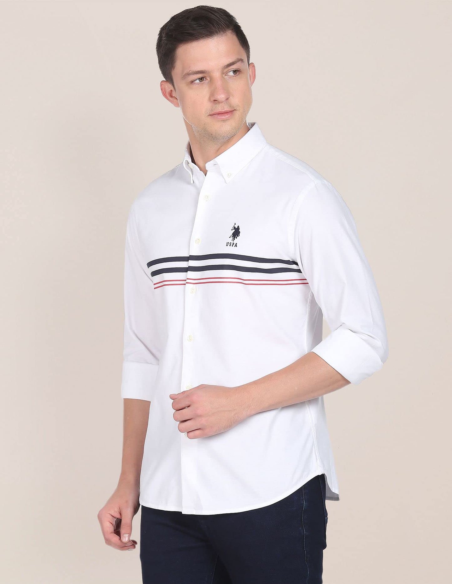 U.S. POLO ASSN. Mens Printed Engg Stripe FS Shirts (USSHTFX0027_White_M)