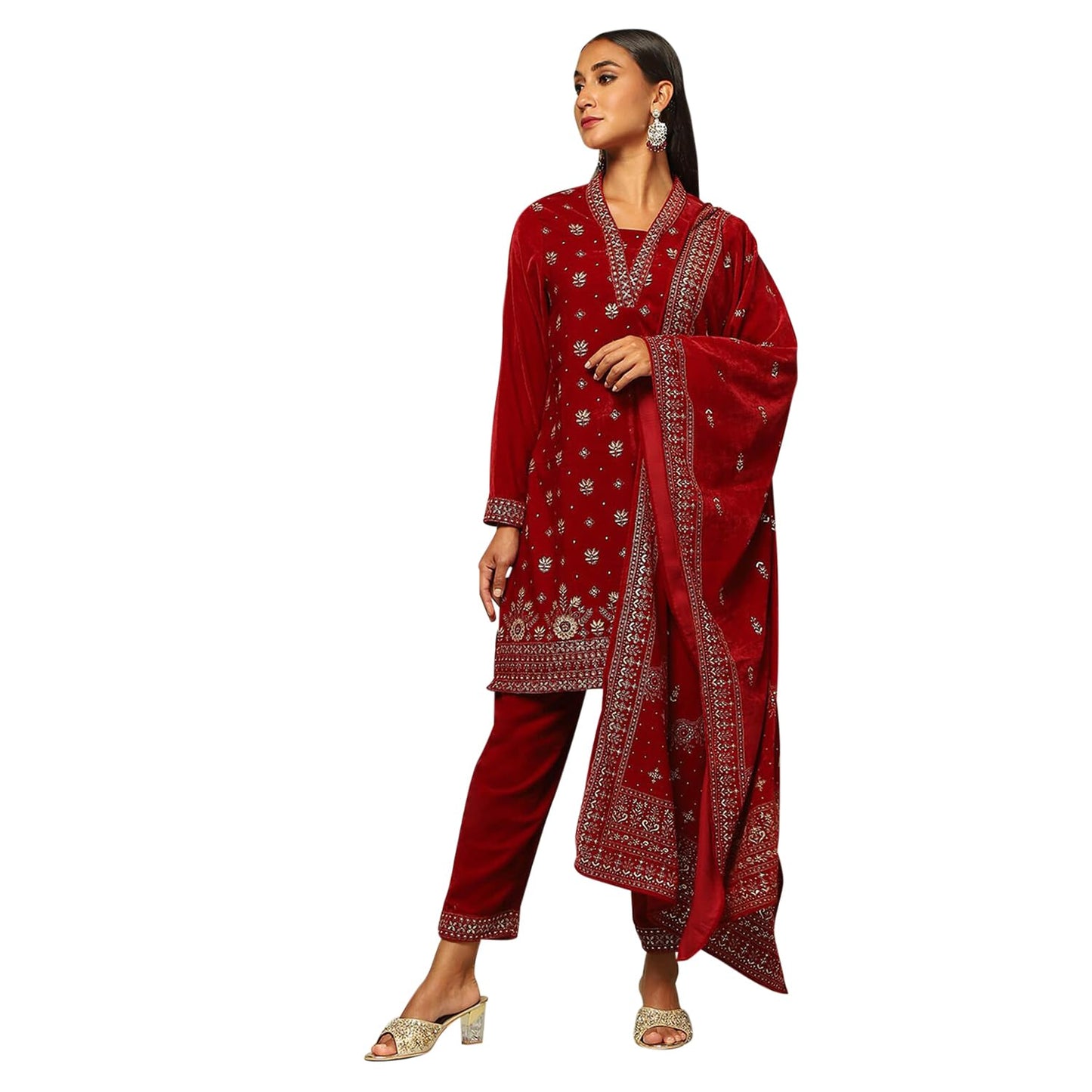 Rangriti Women's Poly Velvet Kurta Set (WNTRWR20383AW24RED_Red