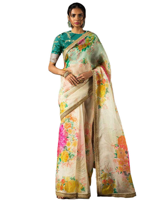 Zeel Clothing Women's Silk Floral Organza Saree with Embroidered Blouse (7026-Cream-Saree-Floral-Organza; Cream; Free)