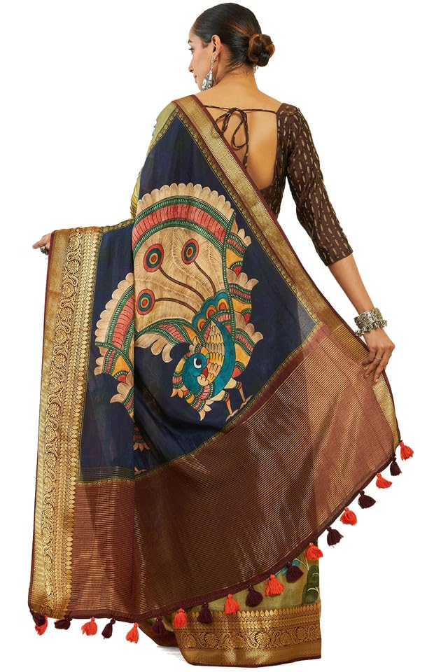 Soch Womens Olive Crepe Saree With Floral Kalamkari Print And Zari Borders