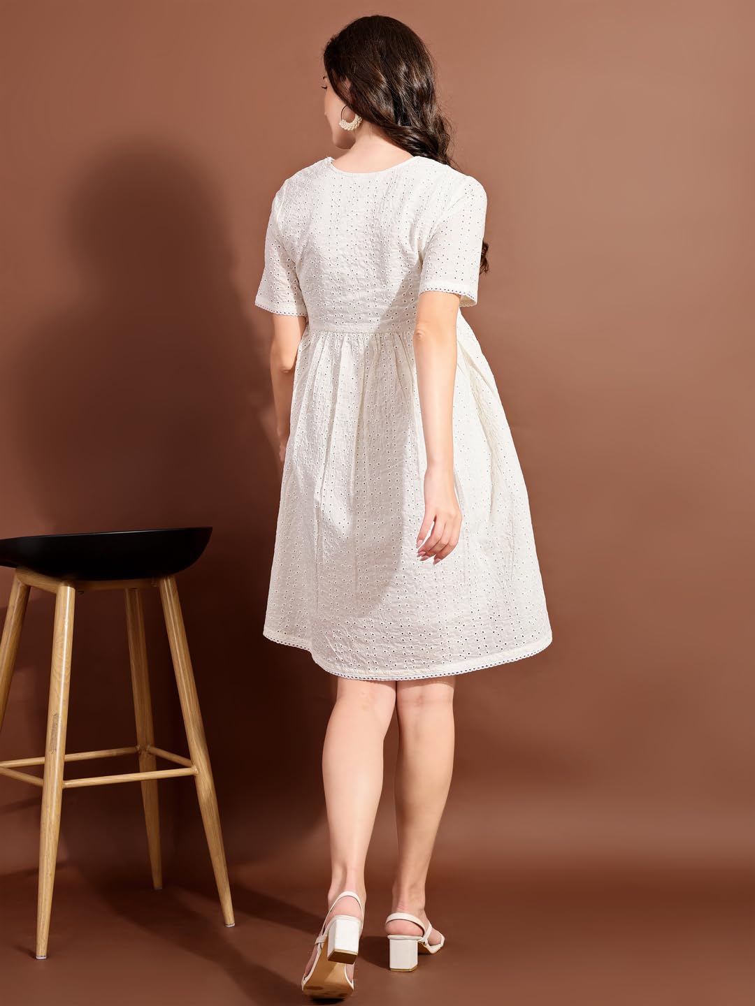 Womanista Women's Off White Cotton SCHIFLLI with CROCIO V-Neck LACE A-LINE Ethnic Dress Knee-Length