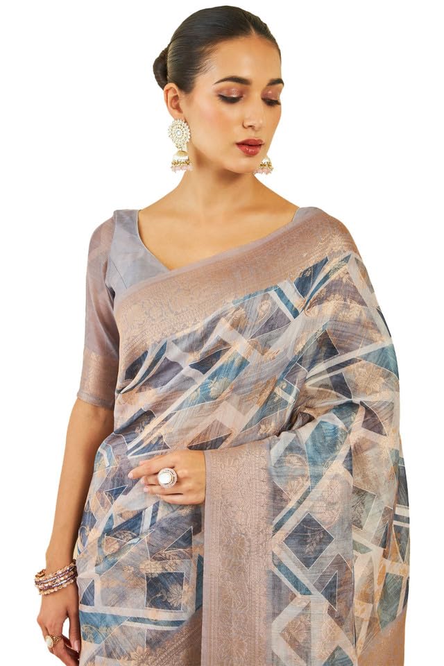 Soch Womens Grey Tussar Silk Saree With Geometric Print And Zari Woven Designs