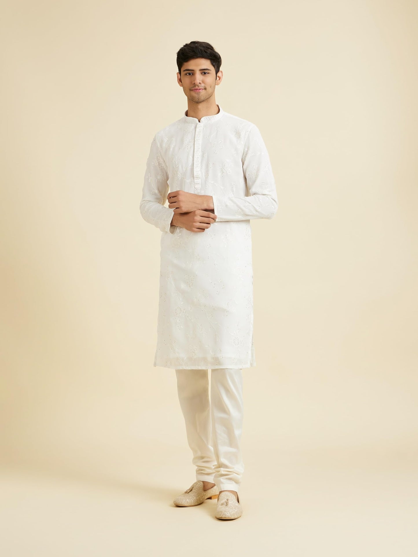 Manyavar Men's Georgette Floral Threadwork & Sequinned Kurta Churidar Set (2pcs)