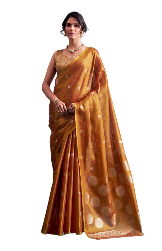 SWORNOF Gold-Toned Woven Design Tissue Saree With Unstitched Blouse Piece (ORANGE)