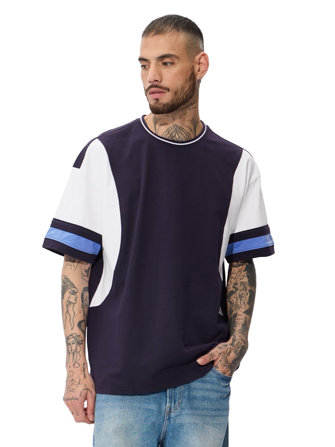 The Souled Store Solids: Deep Navy Oversized T-Shirt for Men Boys Cotton Casual Half Sleeves Baggy Loose Fit Drop Shoulder Round Neck