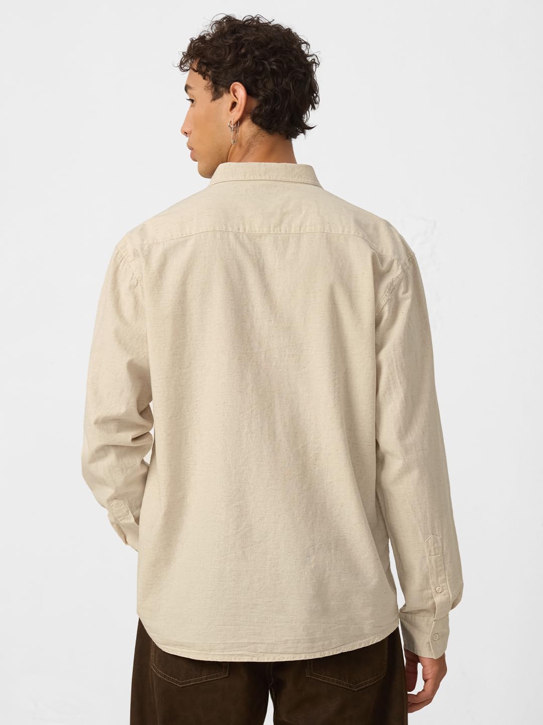 The Souled Store Solids : Ecru Beige Men and Boys Collared Neck Long Sleeve Button Front Regular Fit Cotton Linen Shirt