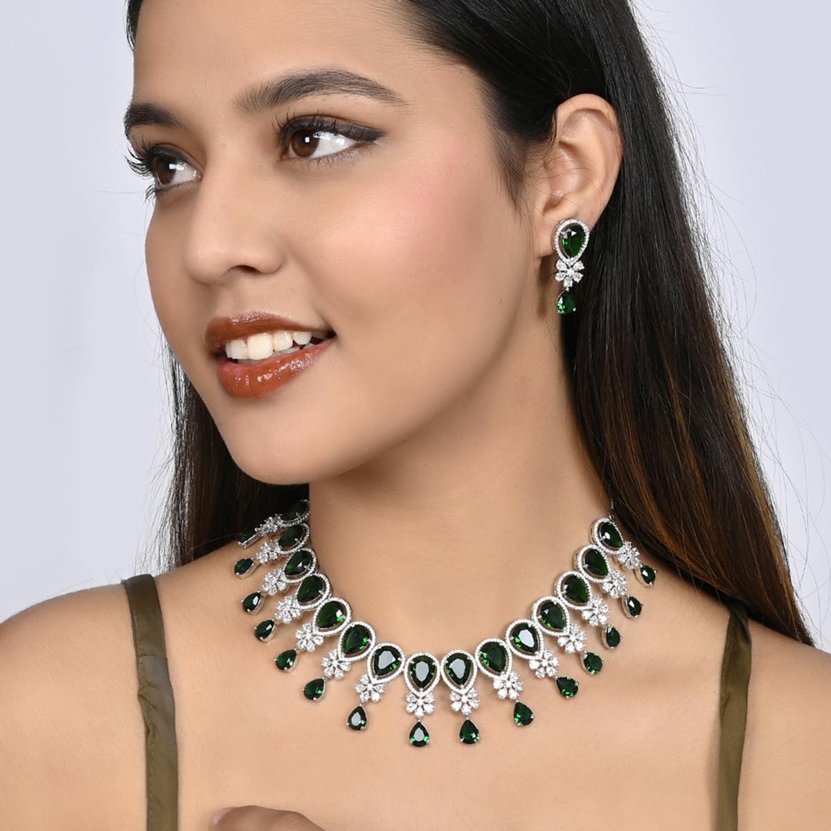VOYLLA Cz Elegance Green Teardrop Zircons Jewellery Set For Women|Womens Jewellery Set|Gift For Women|Womens Gift|Gift For Her|