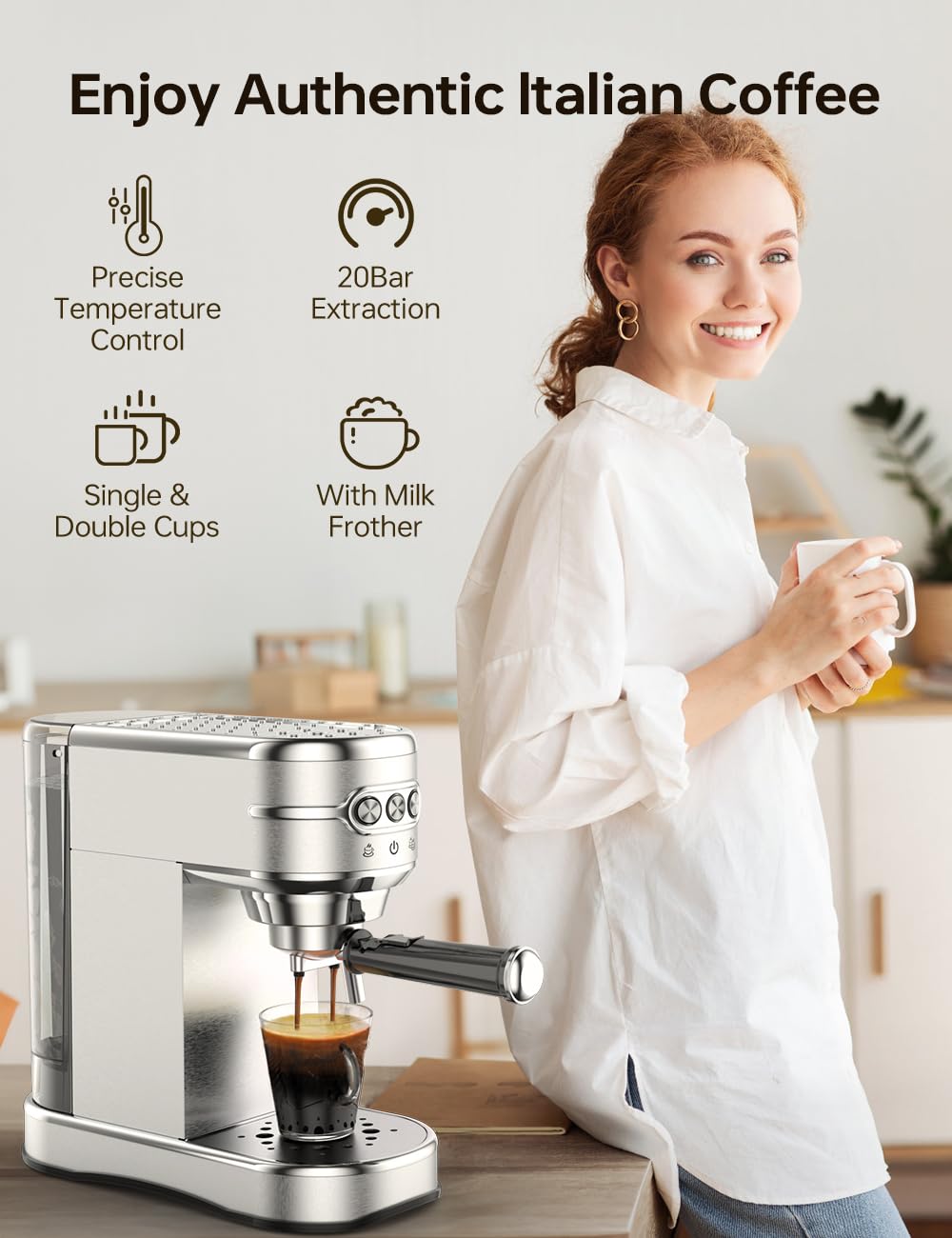 UN1QUE Espresso Machine, 20-Bar Coffee Maker Adjustable Pressure, 1450W Stainless Steel Coffee Machines with Milk Frother, Cappuccino & Latte Maker for Home and Office