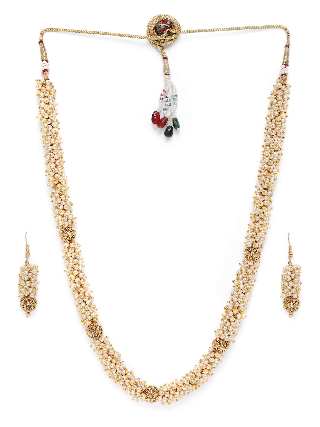 ACCESSHER Traditional Gold Plated Long Necklace Set with Earrings | Pearl Beaded Ethnic Jewellery Set for Wedding For Women & Girls
