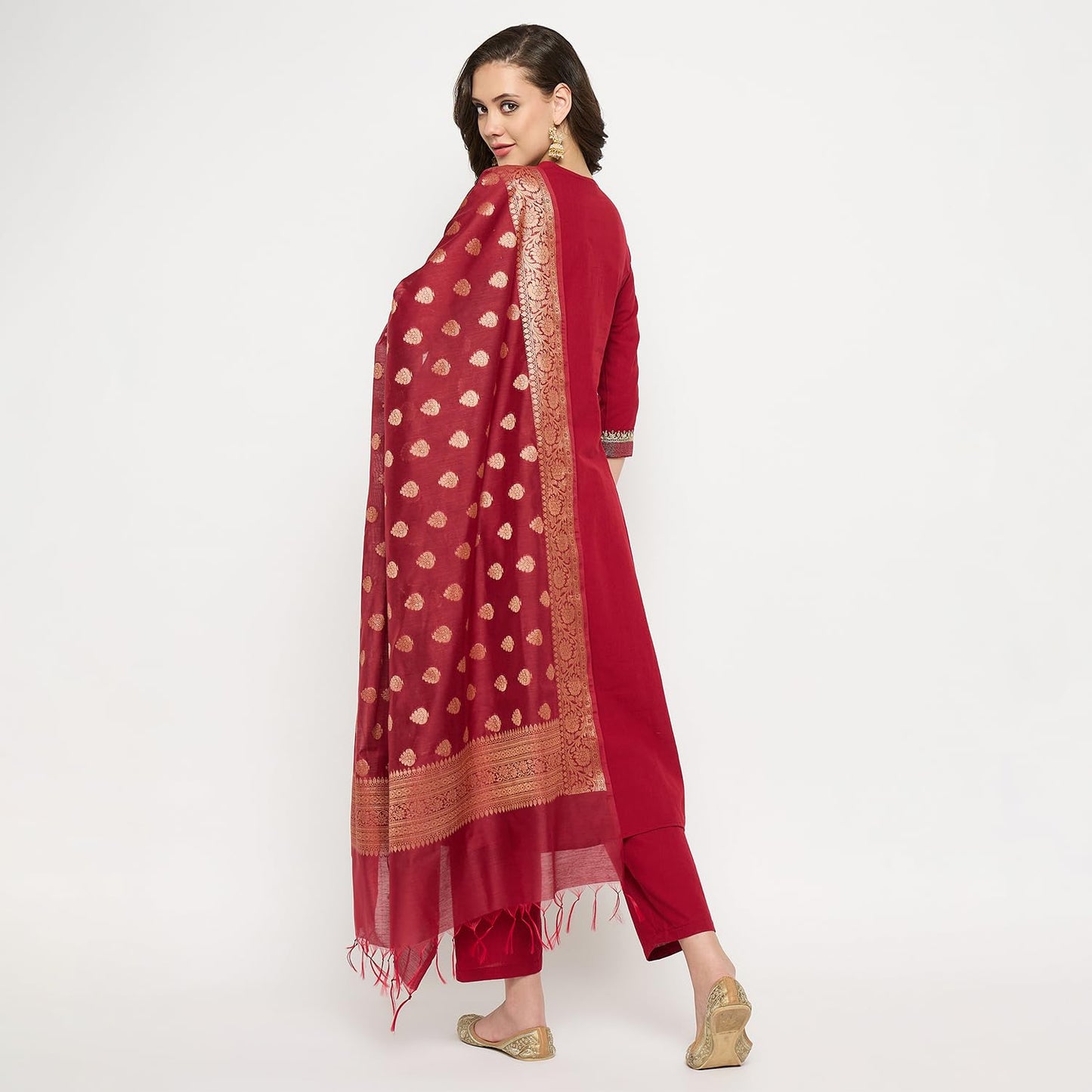 Rangavali Mangalagiri Anarkali Suit Set | Maroon Embroidered Managalgiri Readymade Outfit Kurta, Pant & Banarasi Dupatta for Women | Kurti Set for Ladies | 3 Pcs, 2XL, 42