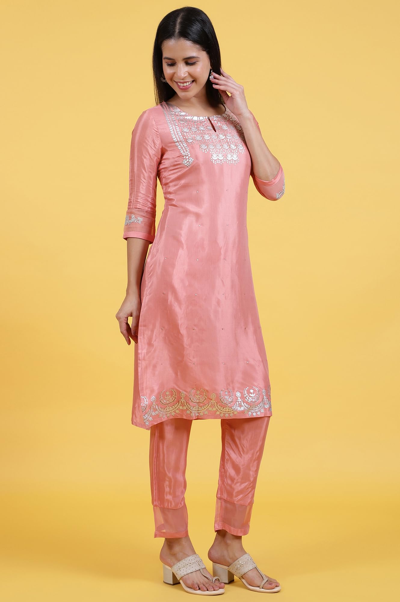 W for Woman Pink Printed Shantung Straight Kurta, Pants and Dupatta Set (Size: XL)-WS12305-112668