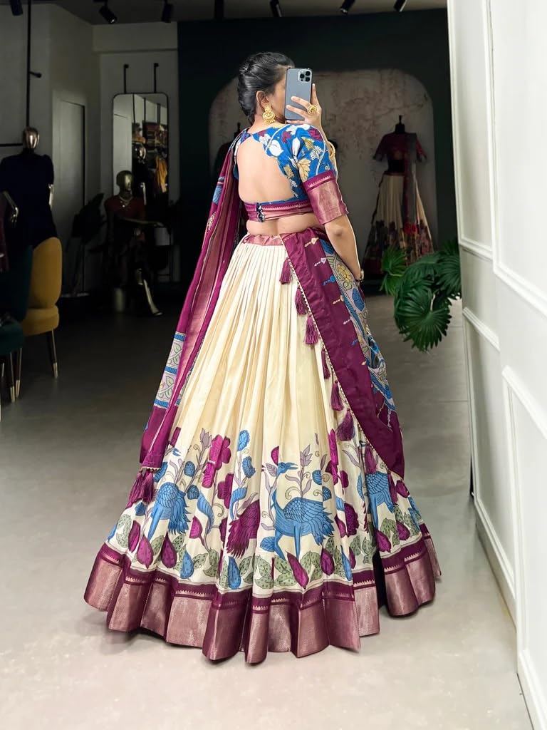 FIBREZA Women's Printed Silk Semi- Stitched Lehenga Choli with Dupatta Unstitched Blouse Piece | Traditional Floral Lehenga Set | Ethnic Wedding Trending Lehenga (Batak White)
