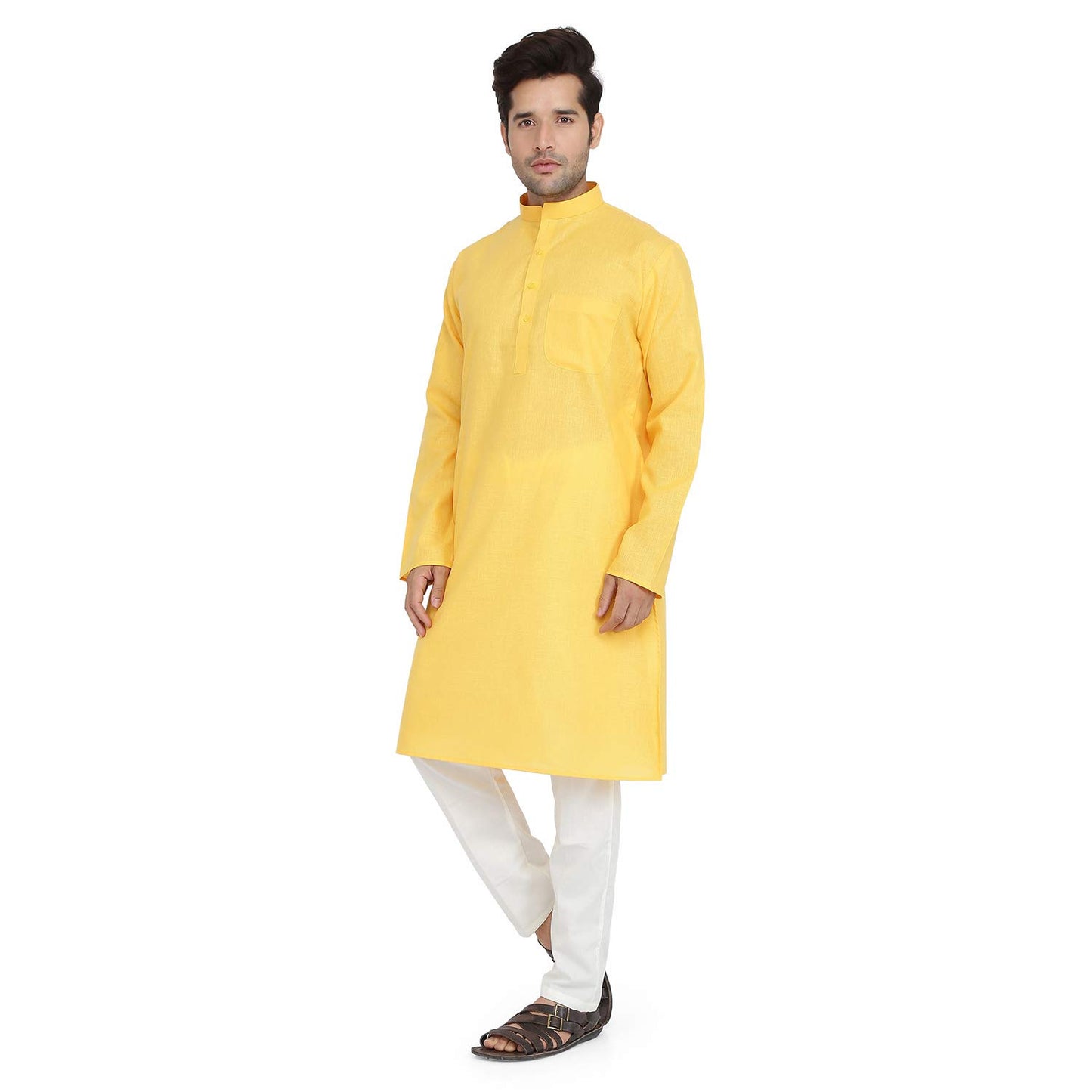 Royal Kurta Mens Linen Kurta Pyjama Set Yellow 40