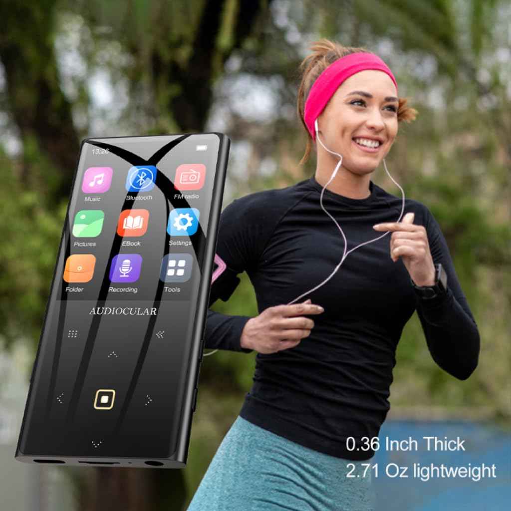 AUDIOCULAR M21 16GB Portable Mp3 Music Player with Bluetooth, 2.4” LCD Touch Screen, Video Playback, Built-in Speaker, Voice Recording Function Mini HiFi Player, Ideal for Travelling (16GB - Black)