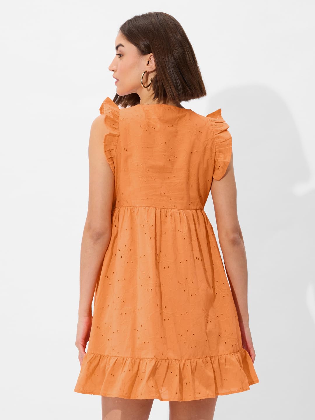 The Souled Store Cutwork Dress: Orange Women and Girls Long Sleeves V Neck Oversized Dresses
