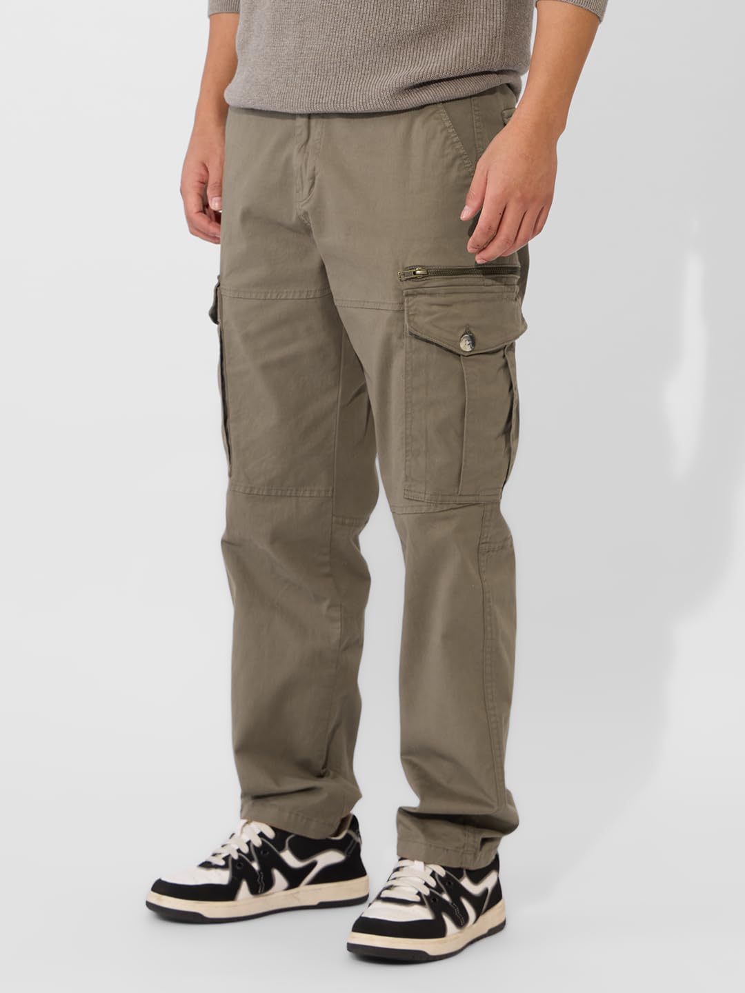 The Souled Store Solids: Hunter Green Men and Boys Straight Fit Cotton Blend Cargo Pants