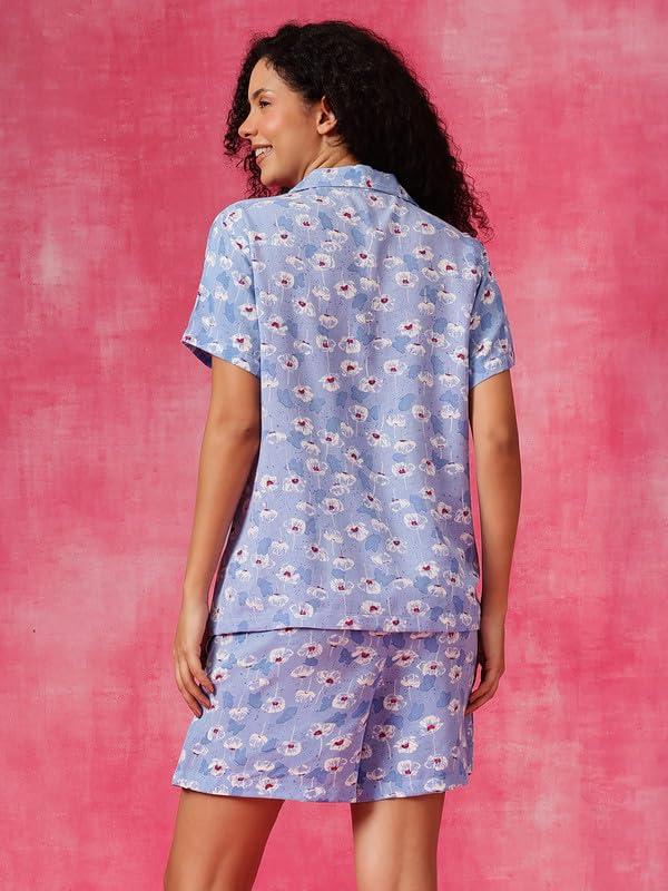 Clovia Women's Rayon Printed Button-Down Shirt & Shorts Set in Blue
