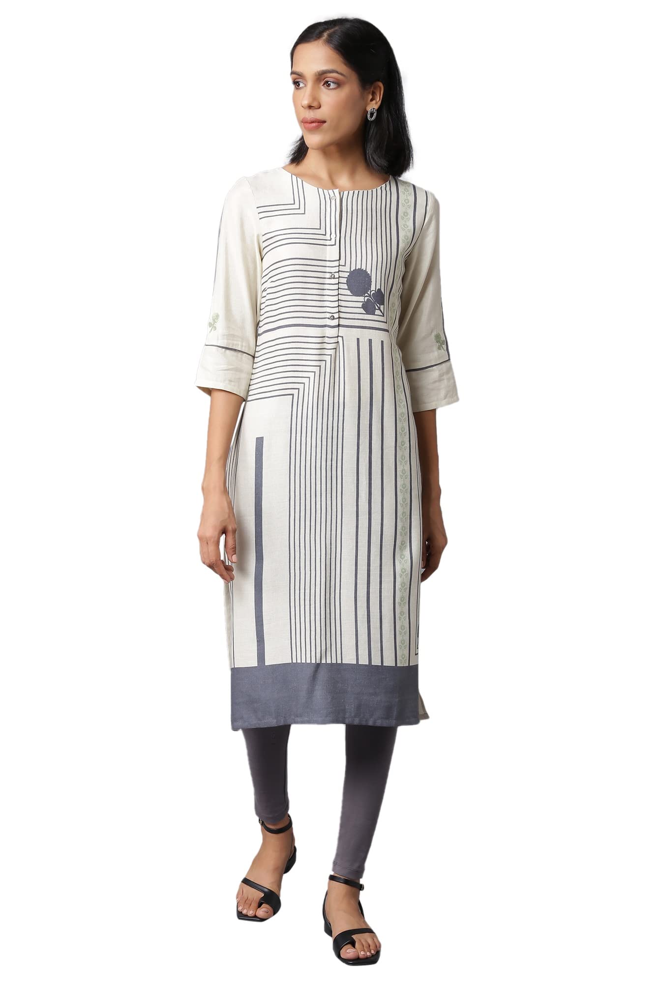 W for Woman Women's Rayon Geometric Regular Kurta (22FEW17327-118127_Ecru_L)