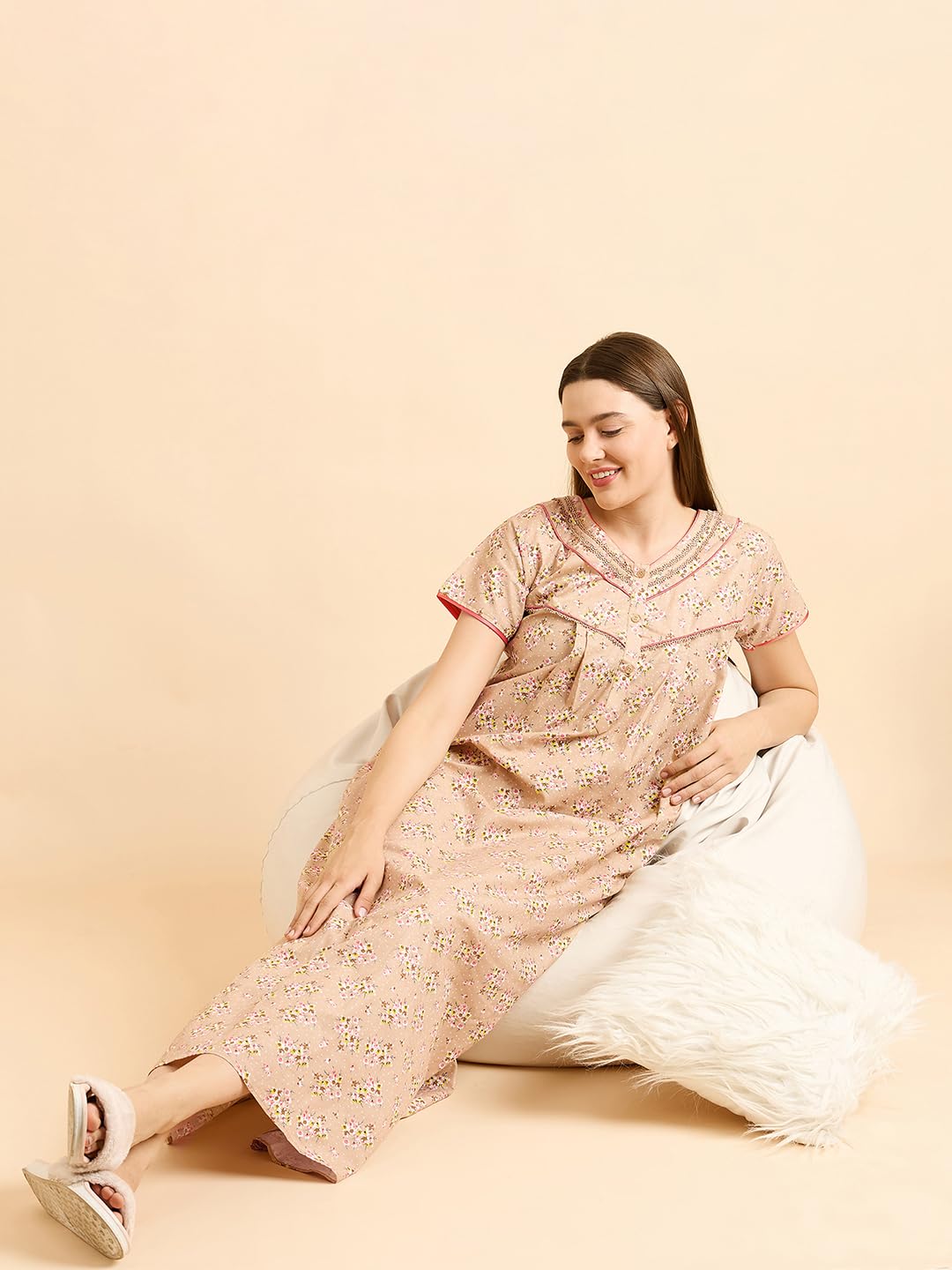 Sweet Dreams Women's Cotton Maxi Casual Nightgown (OCW-3582 Khakhi L)