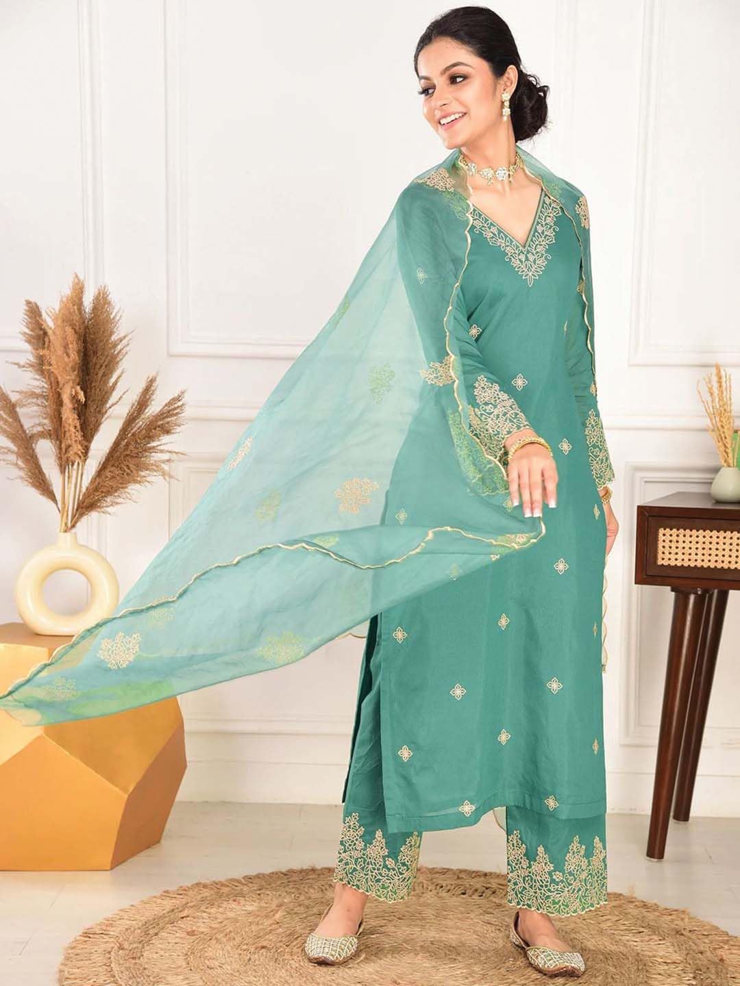 TWINLIGHT Women's Silk Blend Salwar Suit Set | V Neck Full Sleeves Embroidered Straight Length Kurta and Elastic Waistband Closure Solid Pant with Jacquard Border Dupatta | LF-NEHA_Rama_2XL
