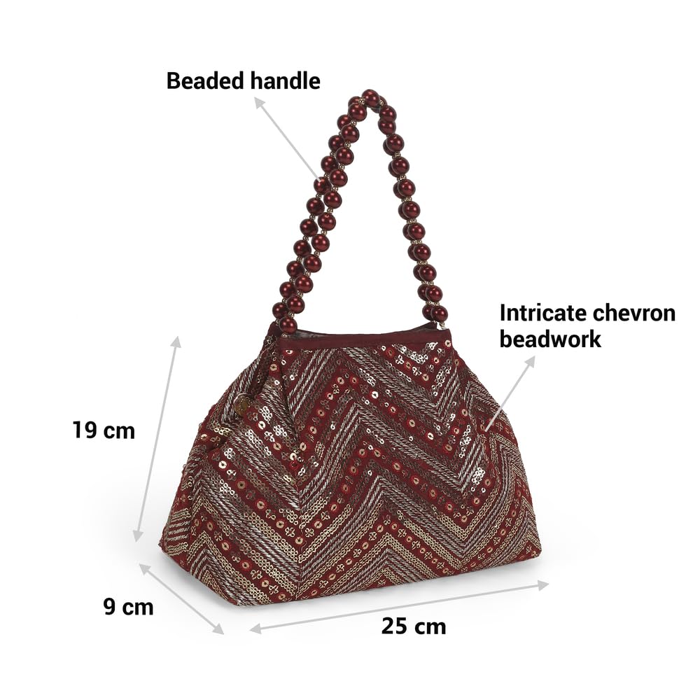 Mochi Women's Maroon Beaded Chevron Design Party Handbag(38-113)