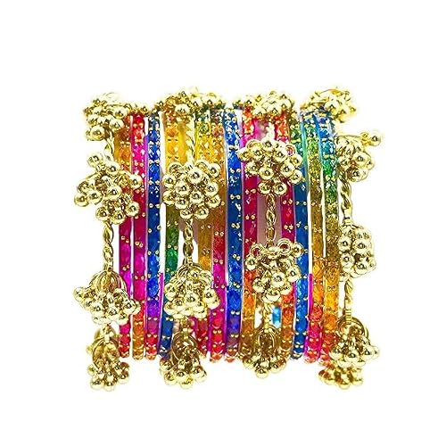 BANGLESKART 16pc dark Multi Color Glass Bangles Set Viral Kashmiri Ghungroo Chuda with Heavy Gold Guchha Charms Traditional Jewelry Women (pack of 2, 2.4)