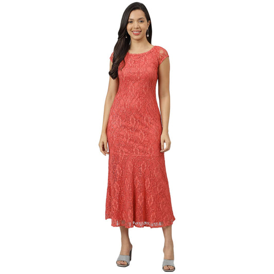Latin Quarters Women's Rose Round Neck with Short Sleeve Lace Party Dress_XL