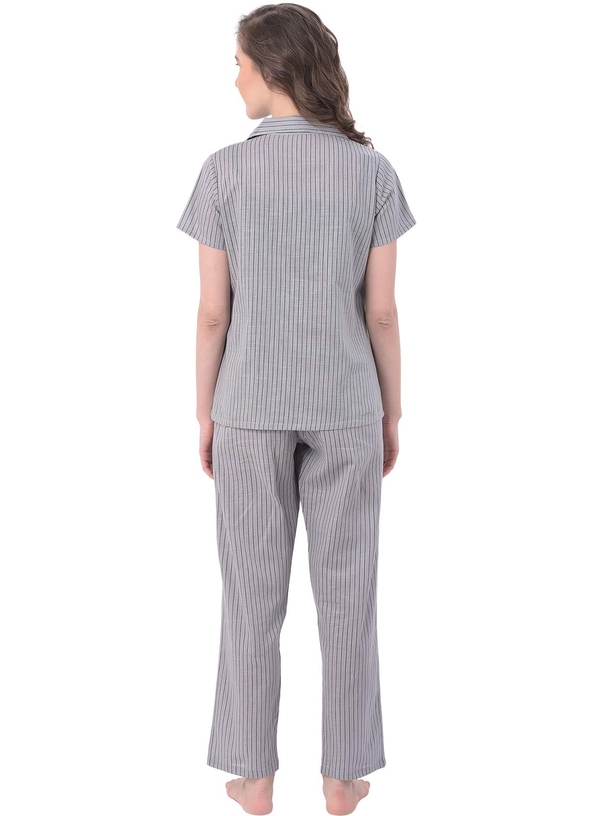 Clovia Women's Cotton Striped Ankle Length Casual Regular Shirt and Pyjama (LS0385P01XL_Grey_XL)
