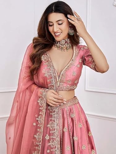 Zeel Clothing Women's Art Silk Semi-Stitched Sequins Dori Embroidered Lehenga Choli with Dupatta (7091-Pink--Lehenga-Choli-Latest; Free Size) (Pink)