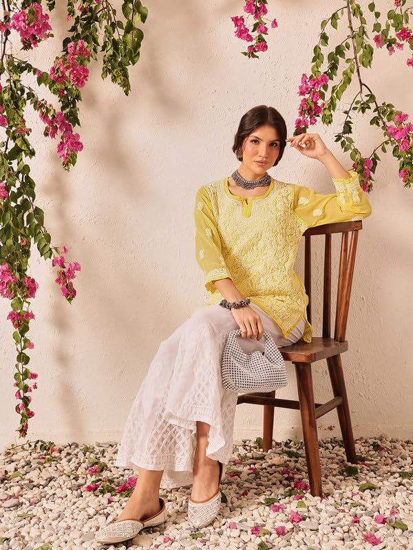 Ada Hand Embroidered Lucknowi Chikankari Georgette Short Kurti Top Tunic for Women A911494 Yellow (M)