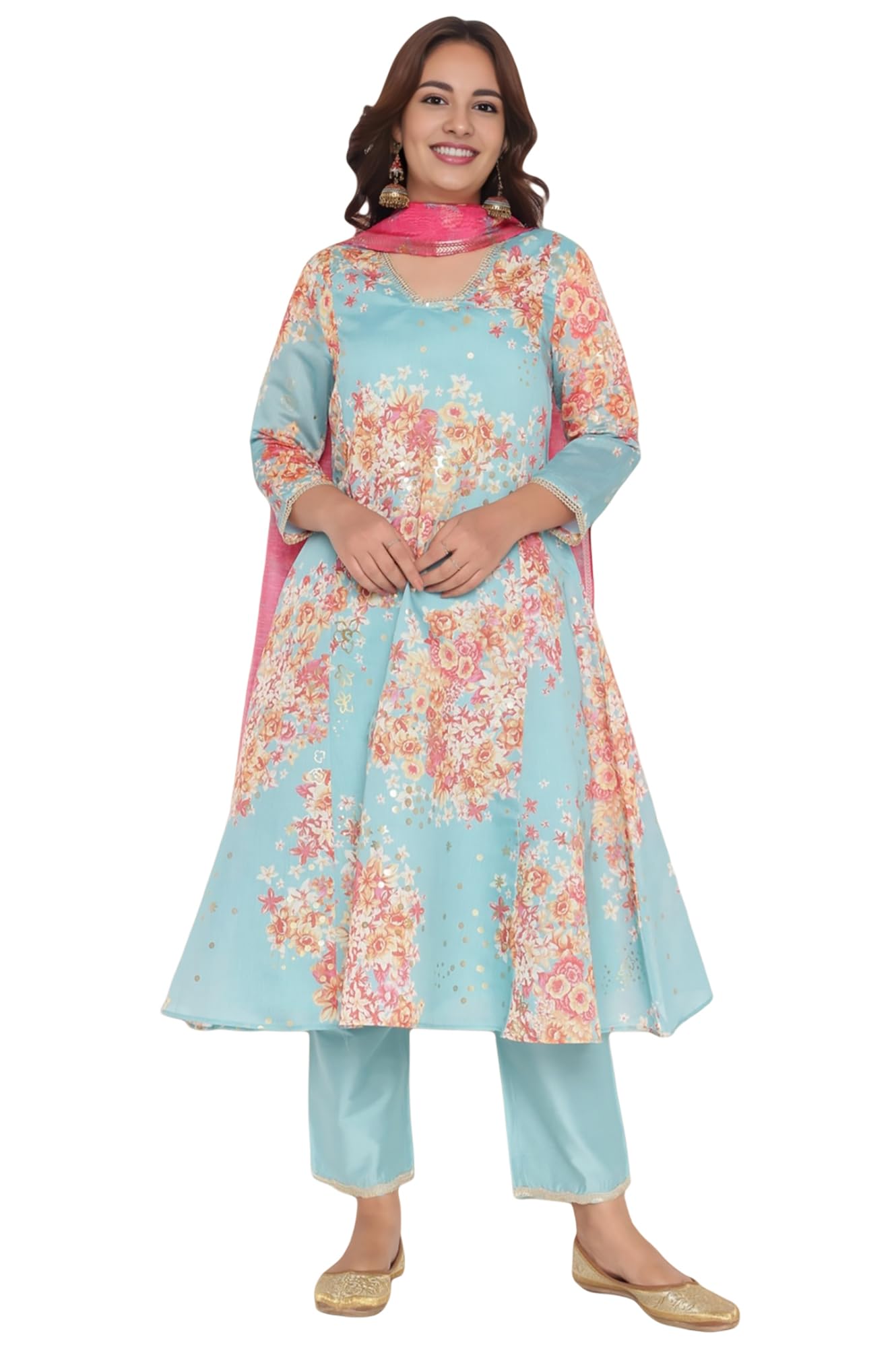 W for Woman Blue Printed Chanderi Flared Kurta, Straight Pant and Dupatta Set