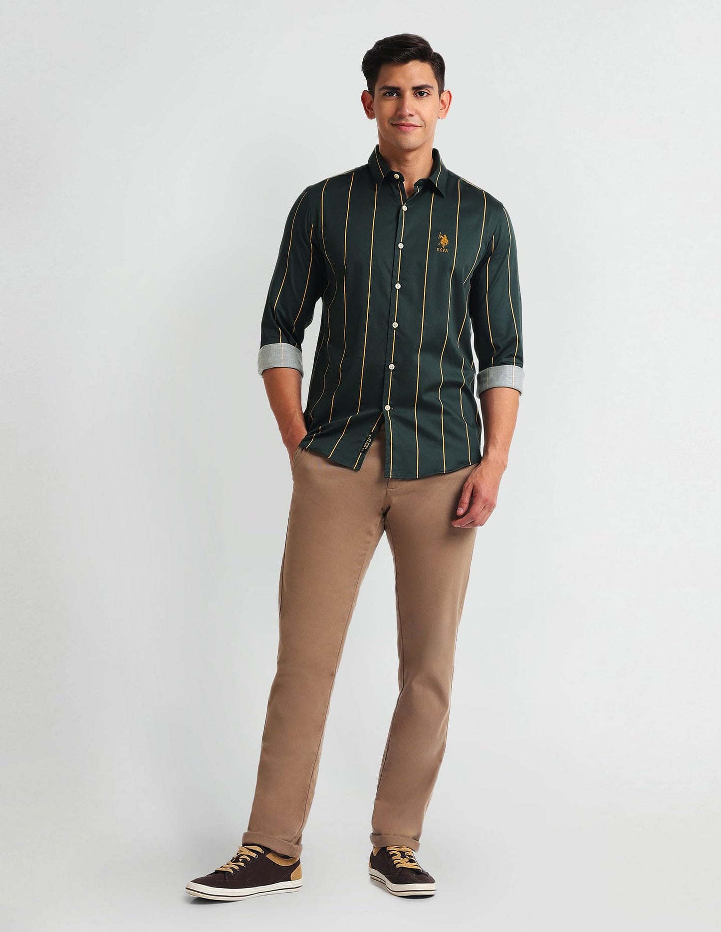 U.S. POLO ASSN. Men's Cotton Striped Slim Fit Shirt (UDSHT1142_Green, Large