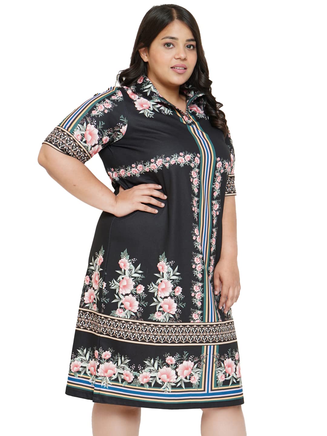 AMYDUS Women Plus Size Printed Polo Dress | Collared Neck | Short Sleeves | Smart Straight Fit | Knee Length | Western Dresses for Women - XL to 9XL