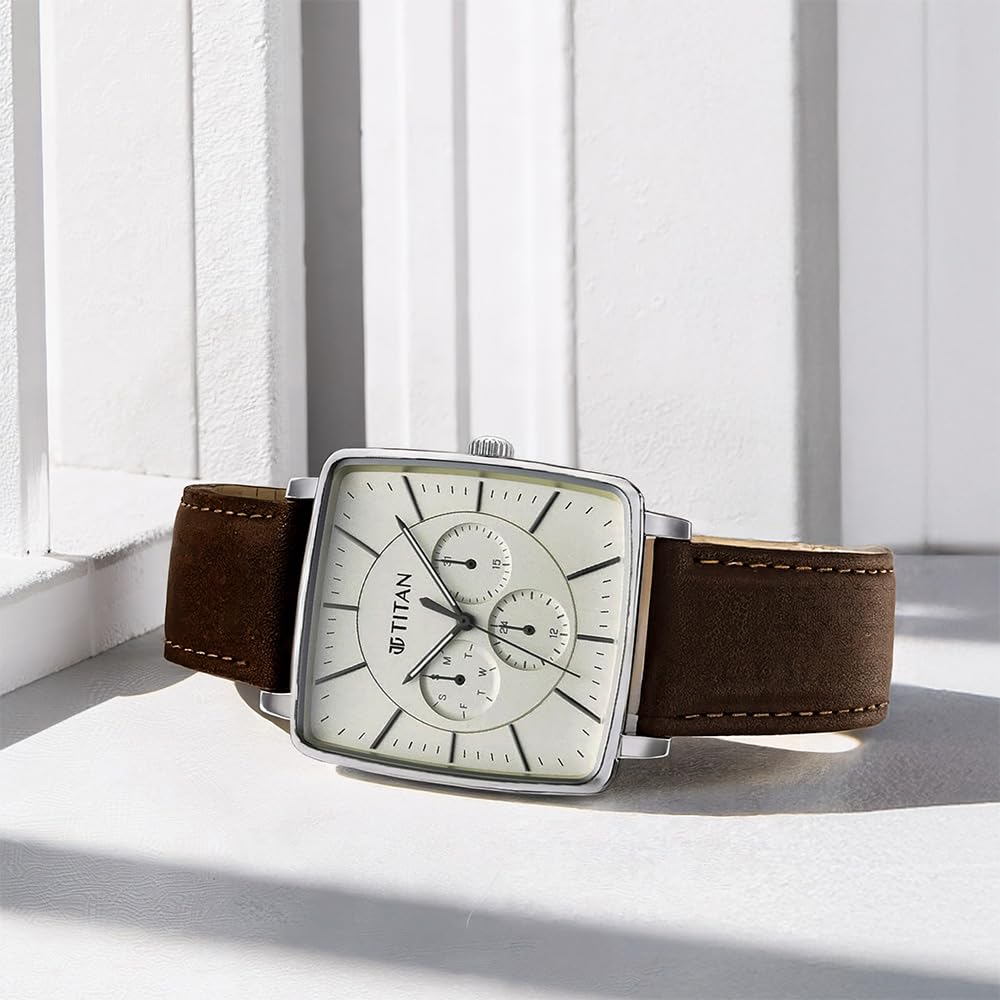 Titan Avant Garde Quartz Multifunction Beige Dial Brown Leather Strap Watch for Men - NT90147SL01