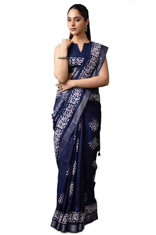 Soch Womens Navy Blue Linen Batik Print Saree With Tassels