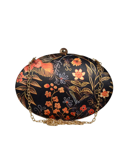 Artklim Black Based Orange Floral Printed Oval Clutch Bag for Women with Detachable Strap