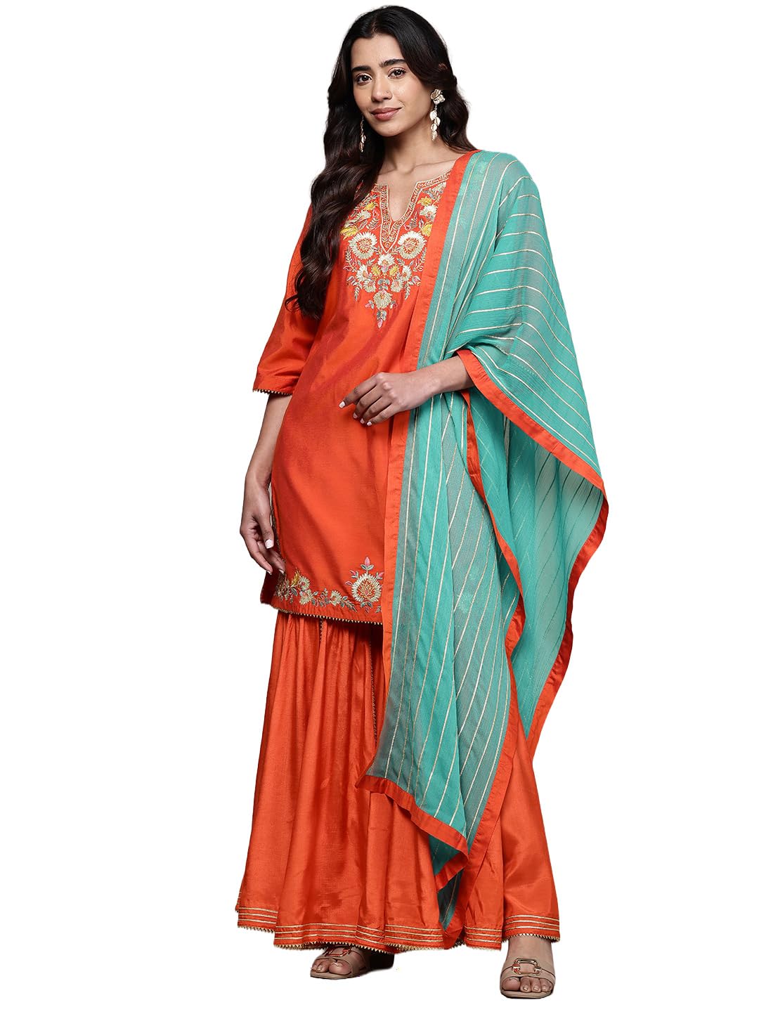 Aarke Ritu Kumar Orange Laila Festive Round Neck Kurti With Pant And Dupatta