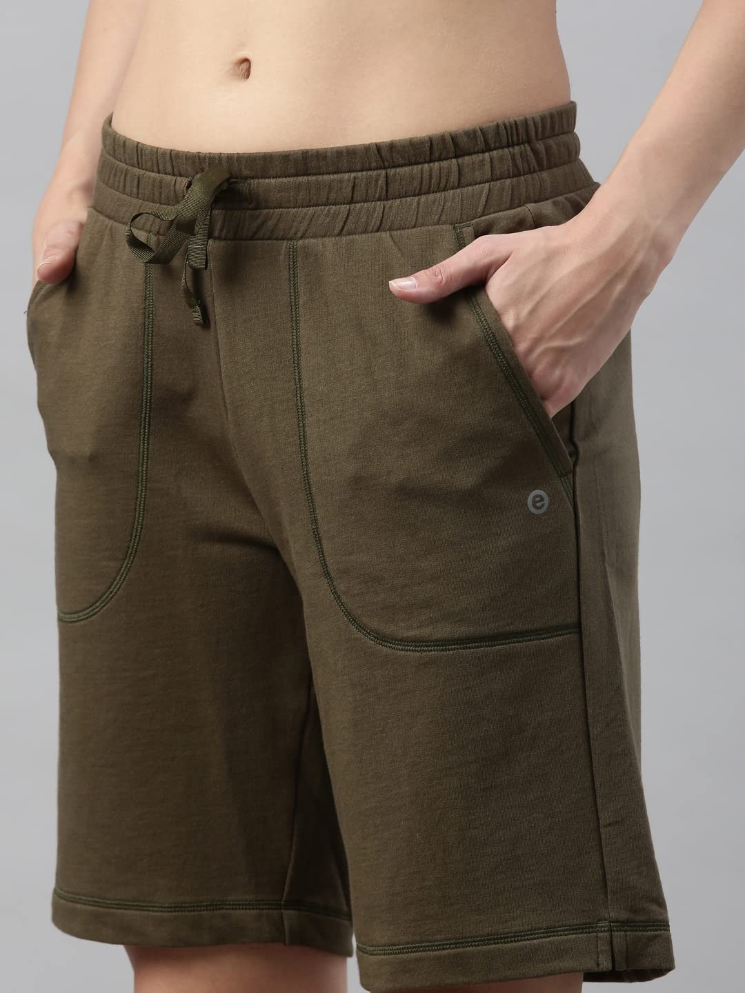 Enamor Essentials Women's Mid Rise Relaxed Fit 100% Cotton Knee Length Shorts Bermuda with Elasticated Waistband and Pockets - E080(E080-Army Green -L)
