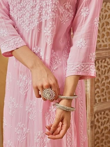 Ada Hand Embroidered Lucknowi Chikankari Straight Modal Kurta Kurti for Women A411801 Pink (4XL)