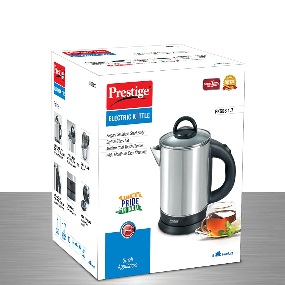 Prestige 1.7L PKGSS Stainless Steel Electric Kettle | 1500 Watts | Glass Lid with heat resistent handle | Single Touch lid locking |Automatic Cut Off | Silver