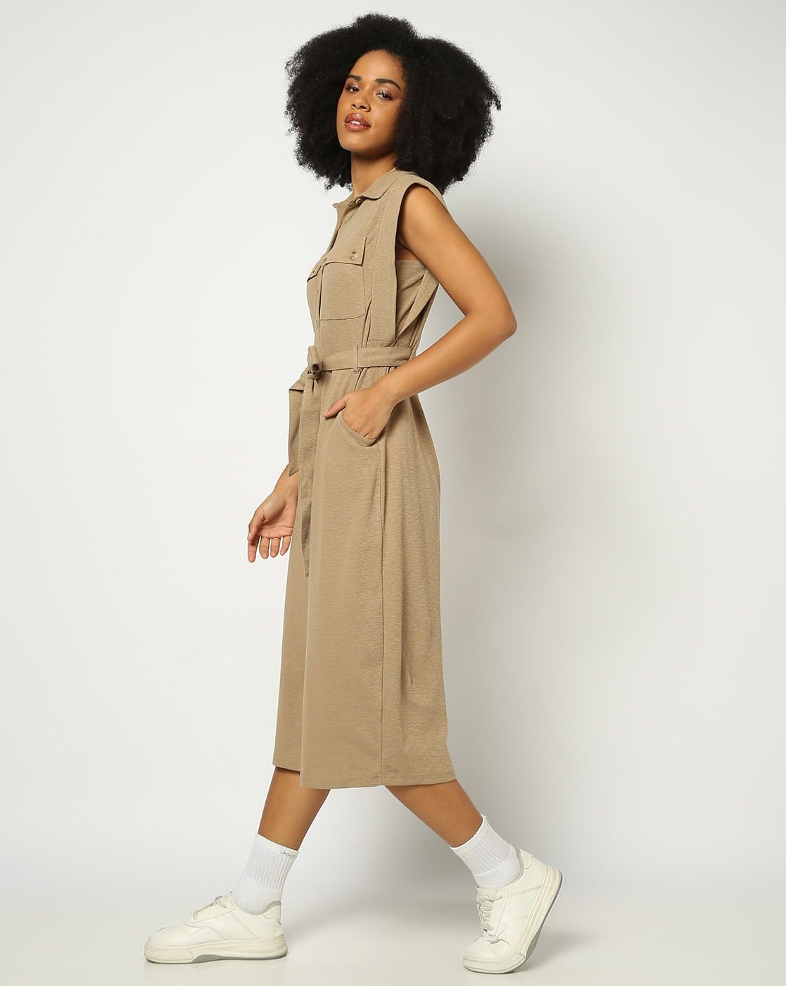 GAP Women's Cotton A-Line Below The Knee Casual Dress (442601806_Khaki