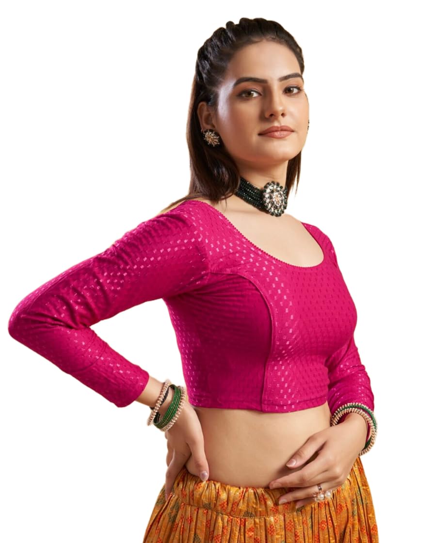 EVELIX Stylish Women's Full Sleeve Blouses: Stretchable, Breathable Dobby Cotton, Round Scoop Neck Designs Perfect for Saree & Choli Blouse for Women (44, Magenta Pink)