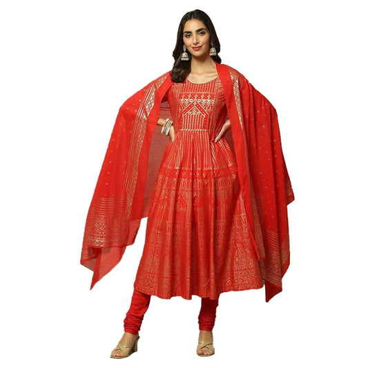 BIBA Women's Cotton Salwar Kurta Dupatta Suit Set Red M