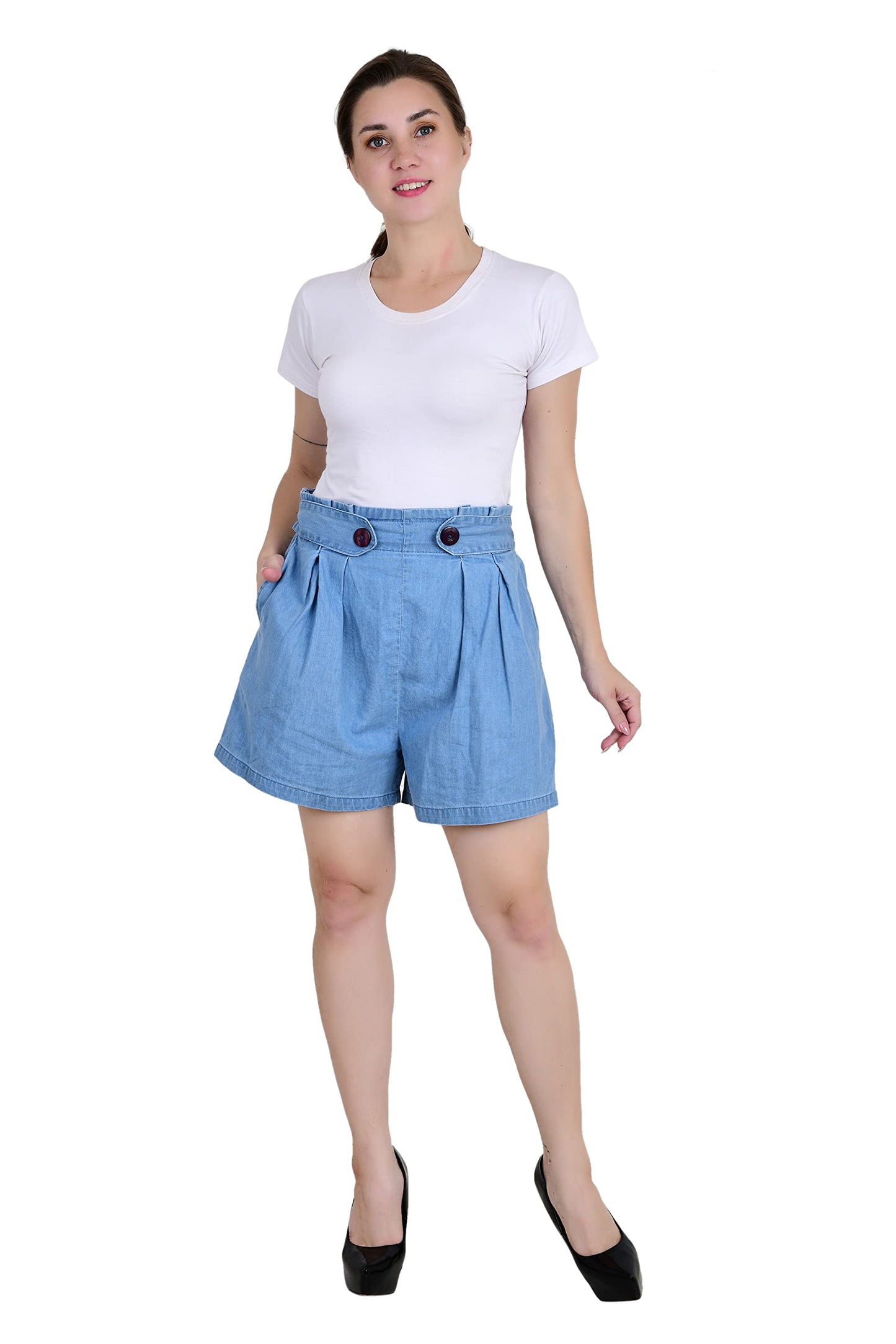 Tara Lifestyle Solid Denim High Waist Shorts-Women Hot Pant (Waist-30-32, Light Blue)