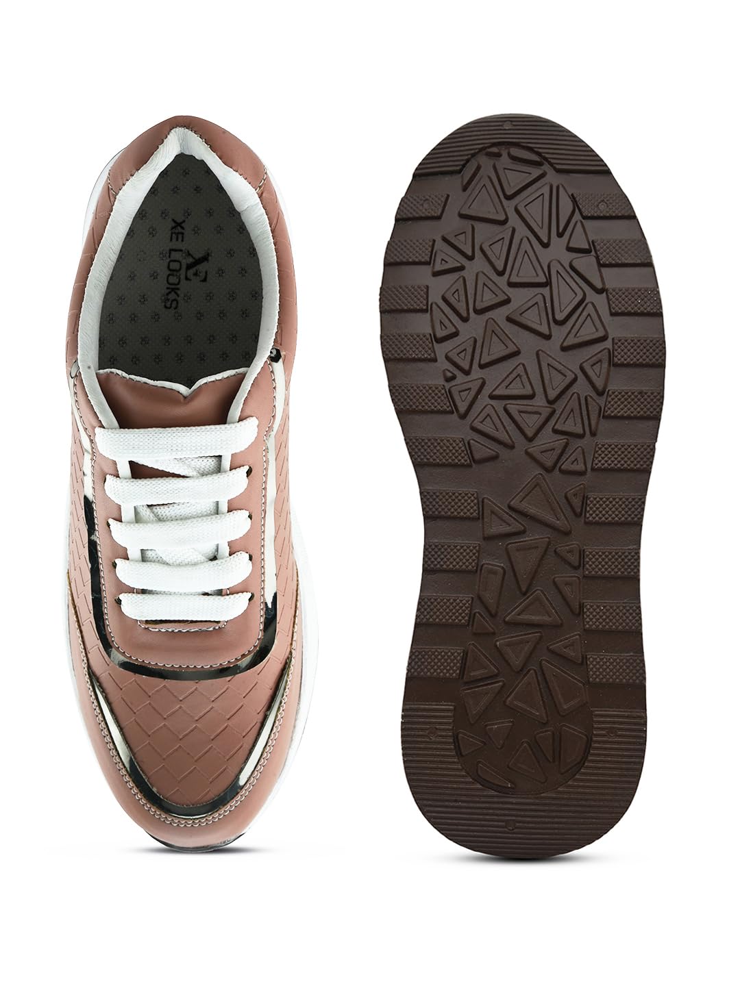 XE Looks Women's Peach Lace-Up Sneakers | Textured Design with Cushioned Sole | Trendy and Comfortable Sneaker Shoes For Girls & Women