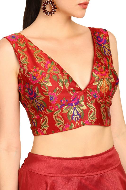 Soch Womens Maroon Floral Plunge Neck Silk Blend Padded Blouse