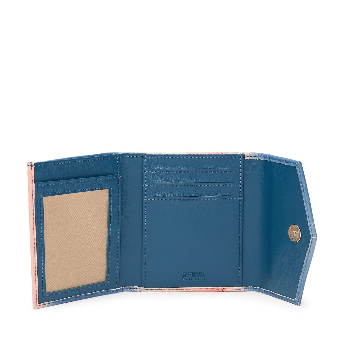 Caprese Eva Women’s Flap Over Wallet, Small | Stylish Faux Leather Wallet with Secured Button Closure | Single Compartment & Card Slots | Elegant Design for Casual & Special Occasions (Navy)