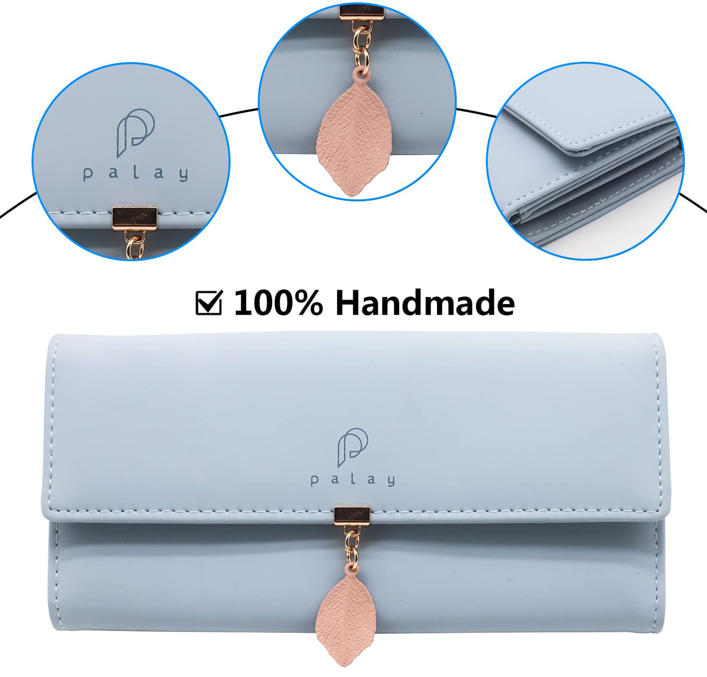PALAY® Women's PU Leather Long Wallet with Leaf Pendant Card Holders Phone Pocket Girls Zipper Coin Purse (Blue)